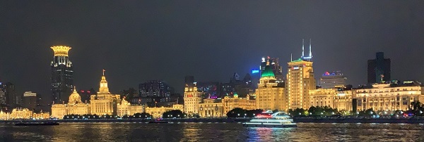 The view of The Bund (old British Concession District) from a boat on the river Pu.