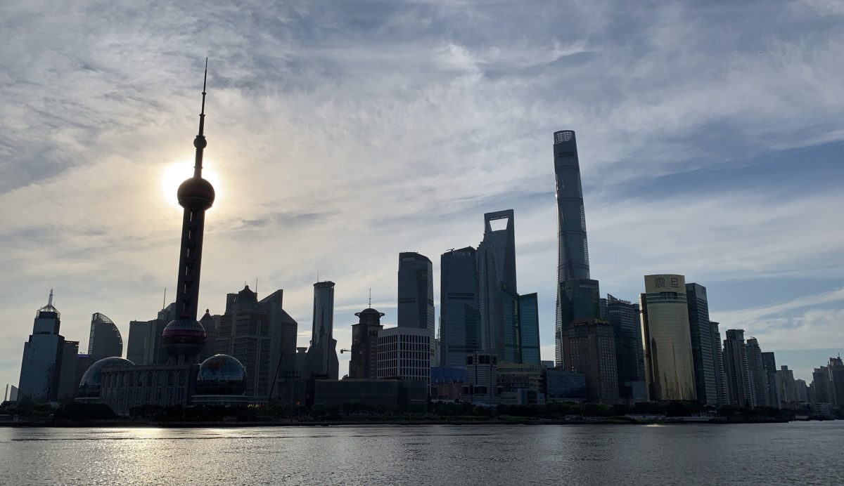 The view of LuJiaZui, the Shanghai financial centre, from The Bund on the other side of the river Pu.