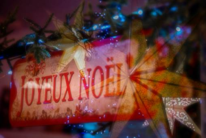 Festive sign saying Joyeux Noël. 