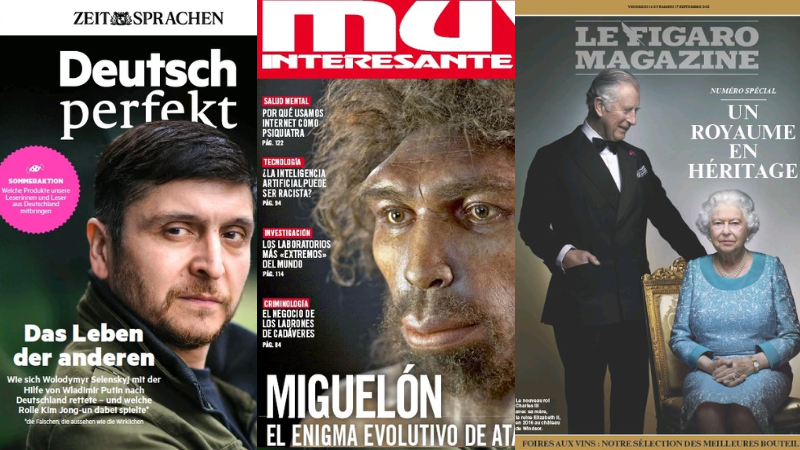 Front covers of Deutsch Perfekt, Muy interesante and Le Figaro Magazine