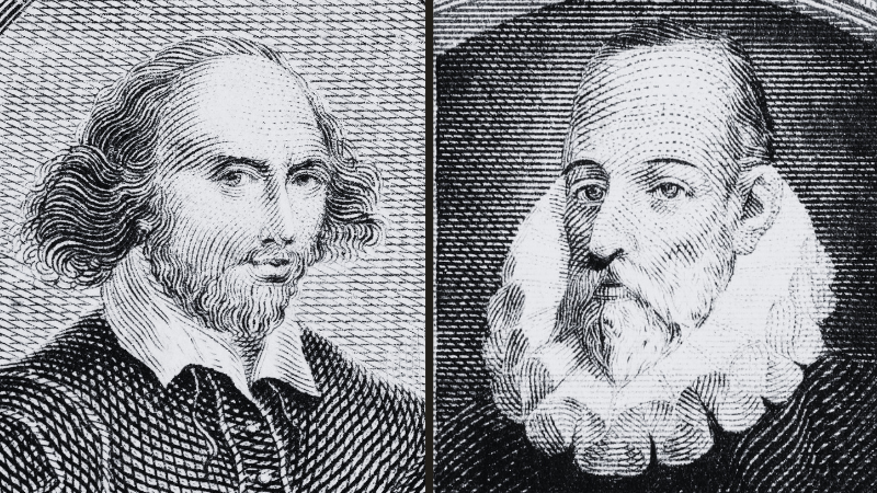Illustration of William Shakespeare and Miguel de Cervantes.