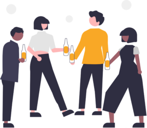 A cartoon drawing of a group of people holding bottles and having fun.