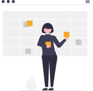 A cartoon drawing of a person placing yellow and grey sticky notes on a timetable board behind them. 
