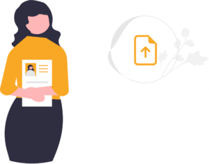 A cartoon drawing of a person holding their CV and looking right at an image which represents uploading it. 