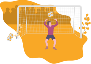 A cartoon drawing of a person in front of a football goal, about to save a goal. 