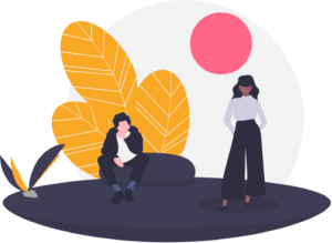 A cartoon drawing of two people in a park. One person sitting on a rock on the left, the other standing upright on the right.
