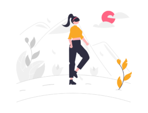 A cartoon drawing of a person walking on a road in the countryside.