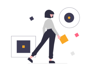 A cartoon drawing of a person looking at abstract shapes.