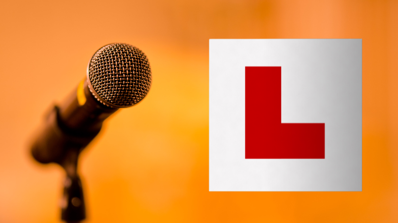 Image of a microphone and a learner's L plate.