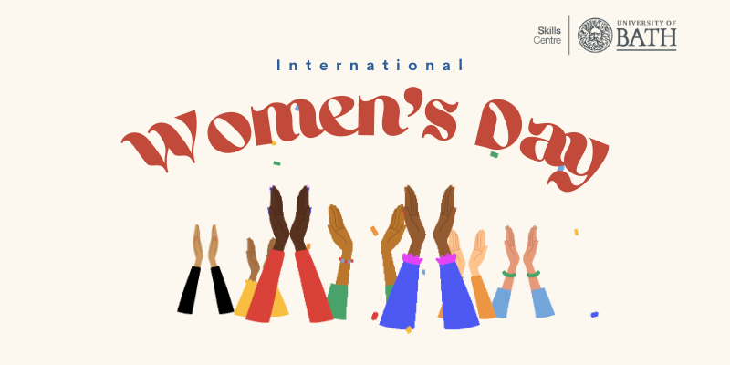 International Women's Day graphic showing hands uplifted.