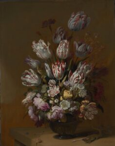An oil painting of a vase full of tulips.