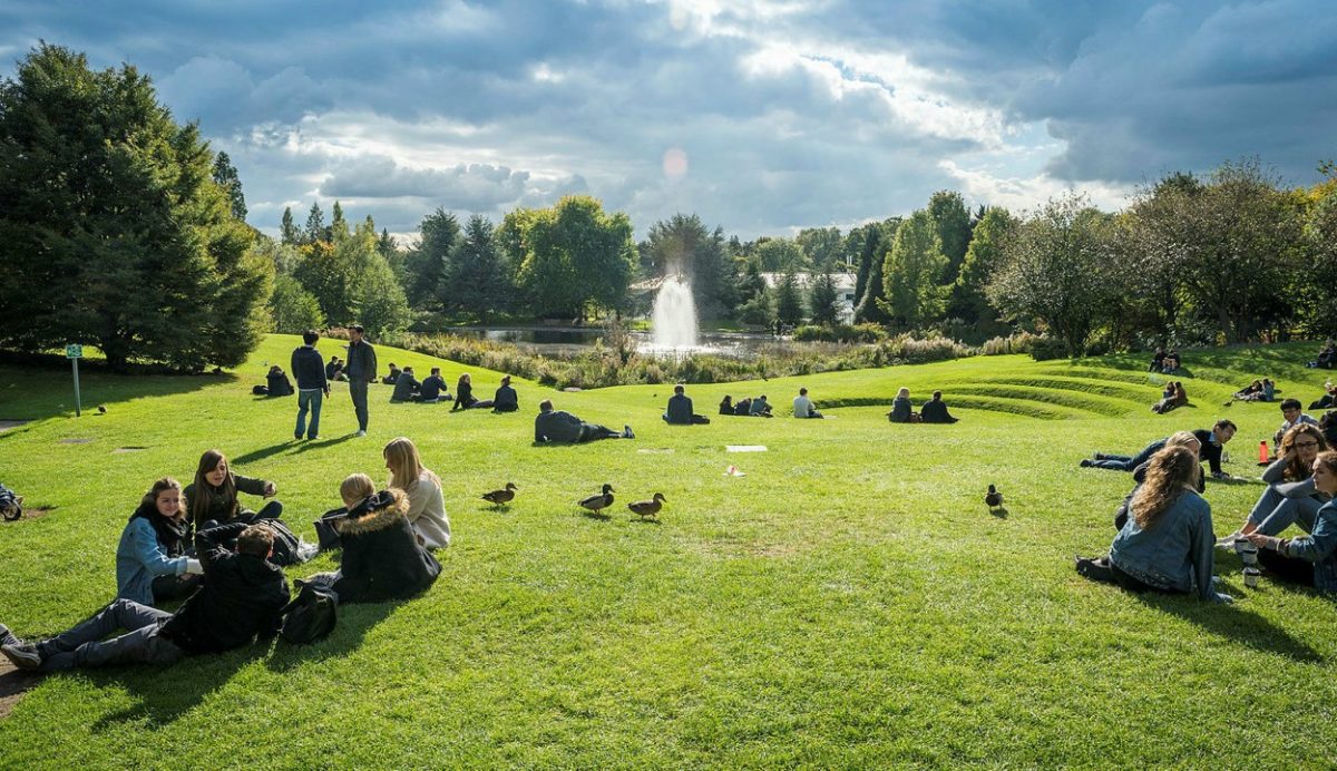 groups of students sat by a lake with a fountain.