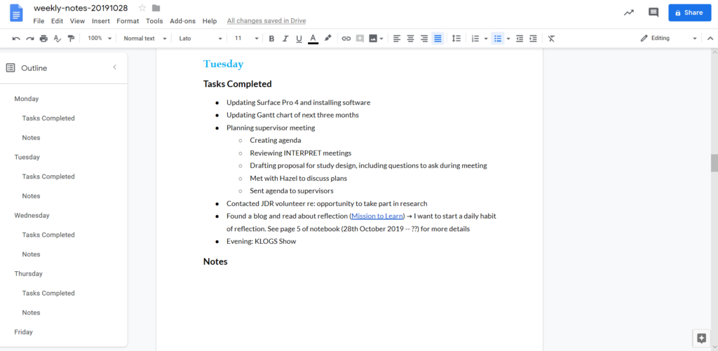 A screenshot of a Google Doc folder with a list of tasks I have completed on a working day.