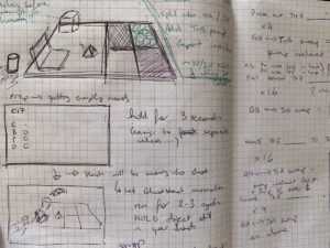 A close-up picture of my notebook, showing a sketch of the board and objects I have used in previous studies and lots of scribbled notes covering the page around it.