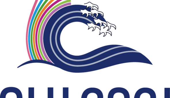 CHI 2021 Logo. A picture of a wave reminiscent of The Great Wave off Kanagawa by the Japanese artist Hokusai, with a series of coloured stripes following the arc of the wave (representing the conference theme of Making Waves, Combining Strengths). The words "CHI 2021" are written below the wave.