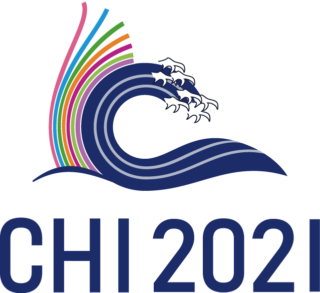 CHI 2021 Logo. A picture of a wave reminiscent of The Great Wave off Kanagawa by the Japanese artist Hokusai, with a series of coloured stripes following the arc of the wave (representing the conference theme of Making Waves, Combining Strengths). The words "CHI 2021" are written below the wave.