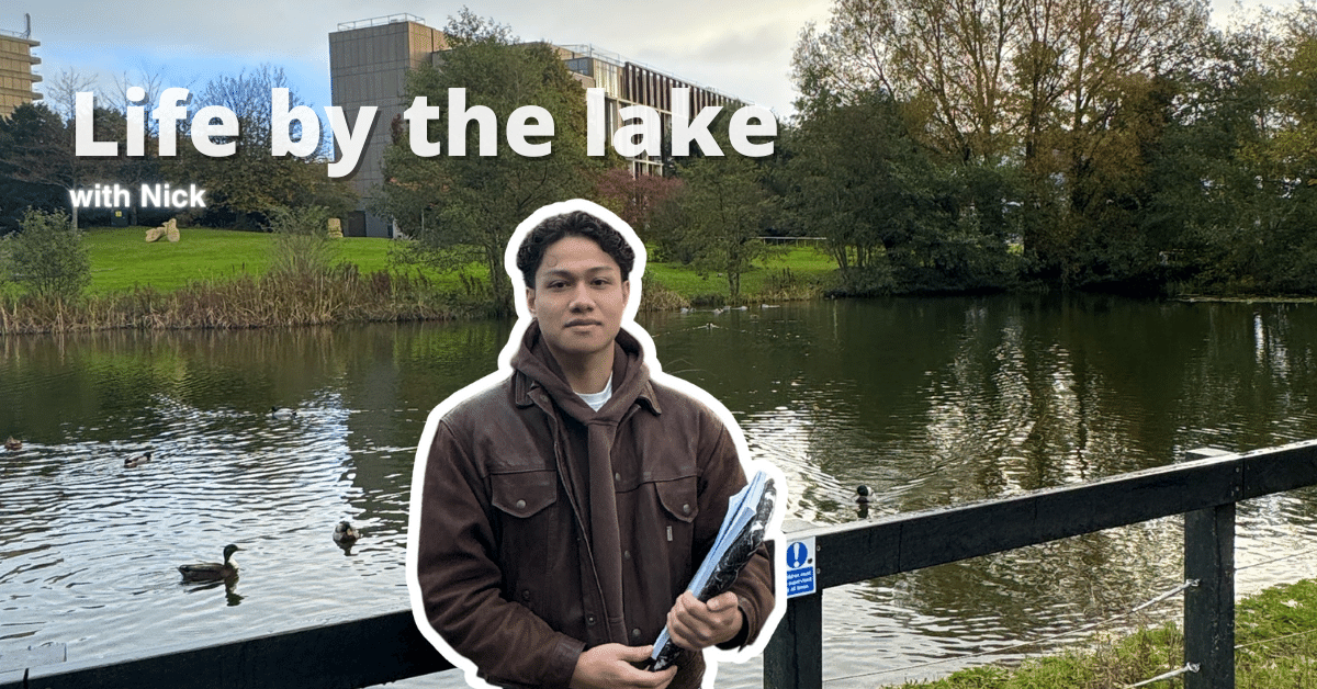 Nick a student standing in front of the Lake at Bath Uni