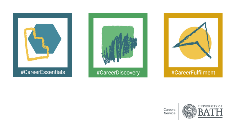 Image contains three logos to represent Career Essentials, Career Discovery and Career Fulfilment with the University of Bath Careers Service logo
