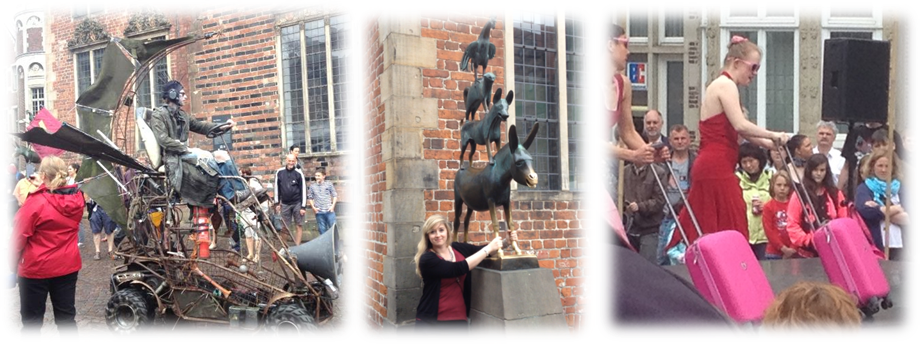 From left to right: One of the performers at the La Strada festival riding his quad bike, The famous statue of the Town Musicians in Bremen, Dancing with Suitcases!