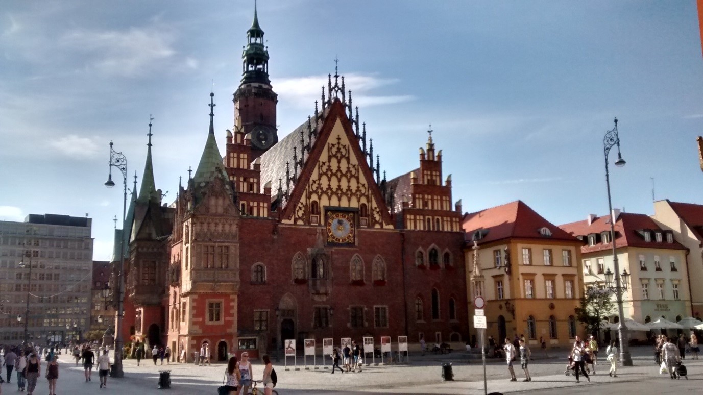 The east side of the old town hall in Wroclaw town square