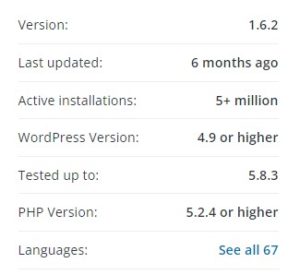 Screenshot showing the details on a plugin homepage including the version and compatibility information.