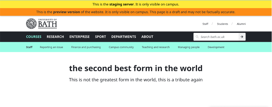 A staging server page with the staging server and preview banners