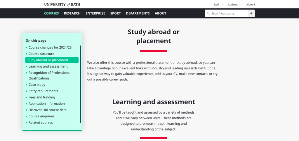 An example of section titles on a course page