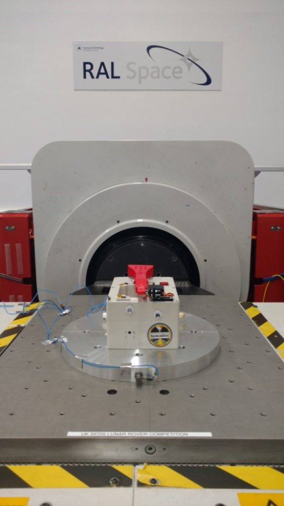 The rover mounted to the vibration table between tests