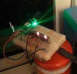 The GPS module is flashing green to indicate satellite lock, the LEDs are lighting up to indicate the radio module is working, and the Arduino is hidden underneath the breadboard circuit.