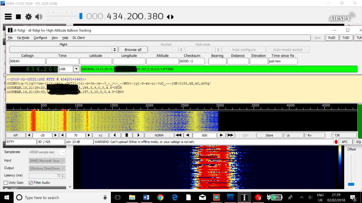 The yellow box half way down the screen displays the text containing information including the time, longitude and latitude that the radio module sends to the laptop via the antenna.