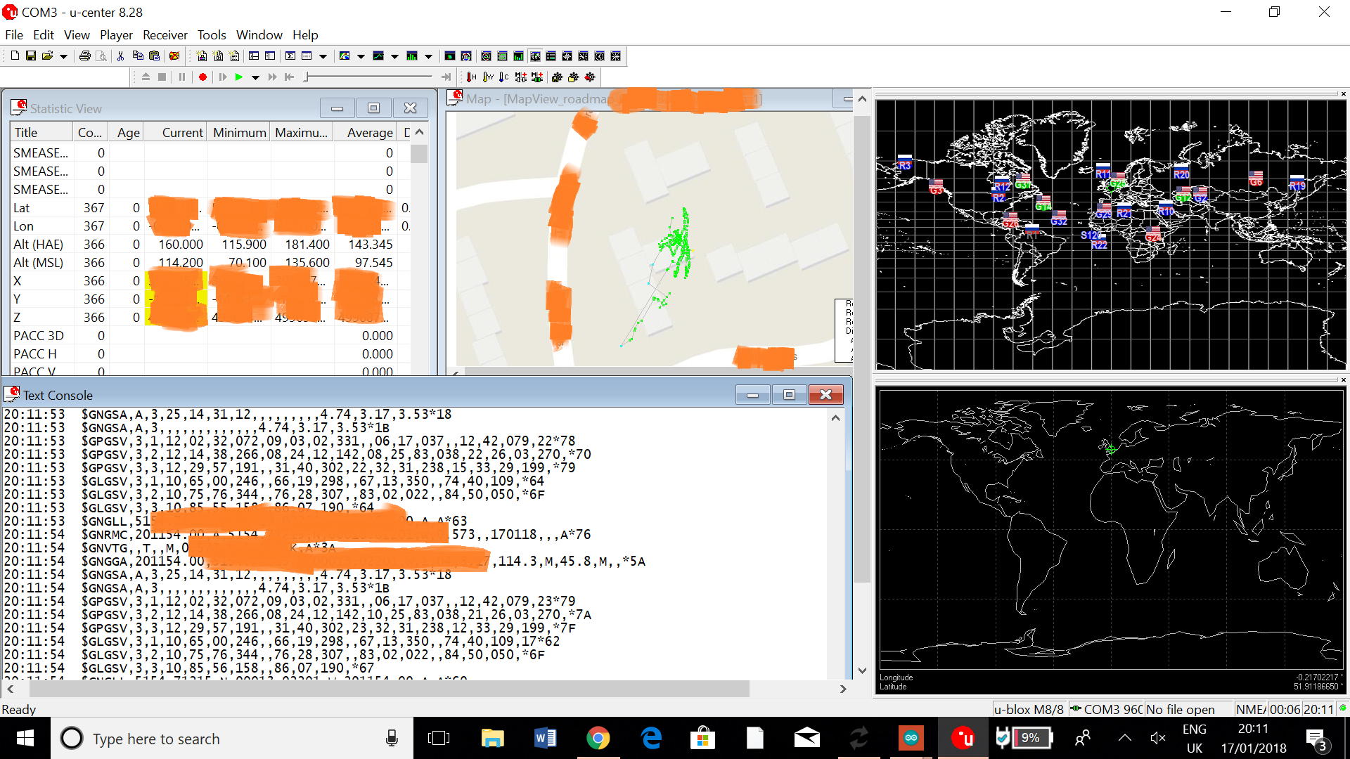 A few of the many windows that can be selected in uCentre. The raw data being received (bottom left), current co-ordinates (top left), location on a map (top middle/bottom right), and locations of satellites (top right).