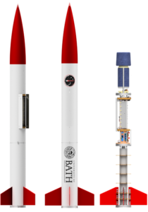 The 2020 rocket with its deployment doors open on the left, closed in the middle, and excluding its fairing on the right respectively.