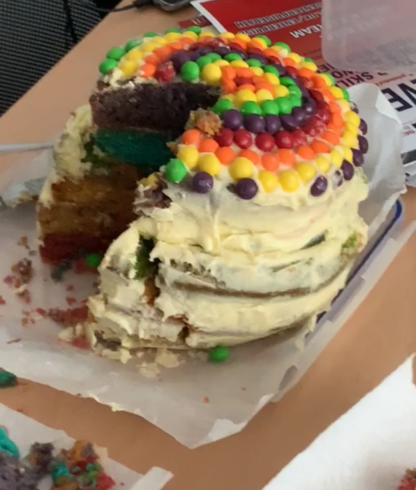 A photo of a cake in the office.