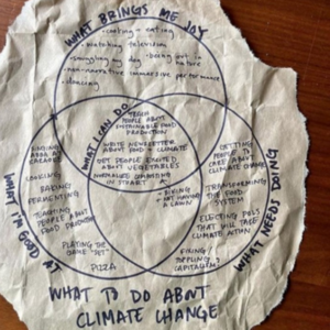 a Ven diagram based on 'what to do about climate change'. The three interlocking circles cover 'what brings me joy', 'what I'm good at', and 'what needs doing'. Where they overlap 'what can I do' is written.