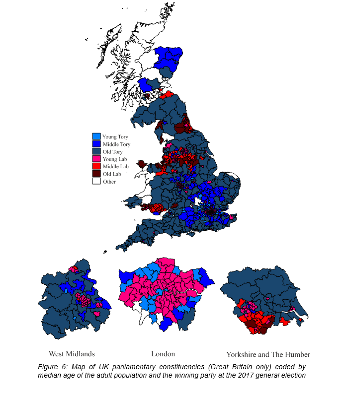 Figure 6: Map of UK parliamentary constituencies (Great Britain only) coded by median age of the adult population and the winning party at the 2017 general election