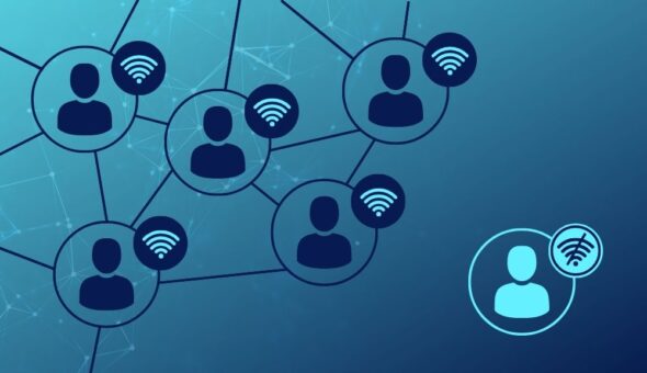 Graphic of a web structure connecting icons of people, each with a Wi-Fi icon next to them. In one corner of the graphic is a person that is not connected to the web and the Wi-Fi icon is crossed out.