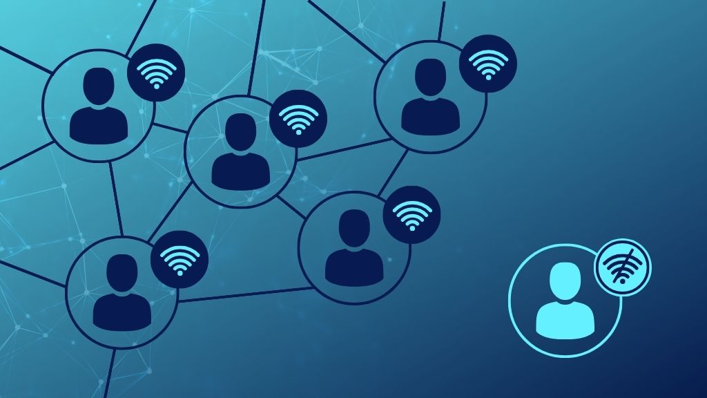 Graphic of a web structure connecting icons of people, each with a Wi-Fi icon next to them. In one corner of the graphic is a person that is not connected to the web and the Wi-Fi icon is crossed out.