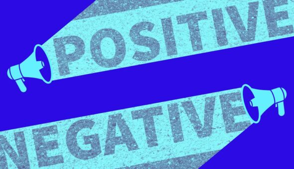 Graphic of two megaphones facing each other, one is transmitting the word “positive”, the other the word “negative.”