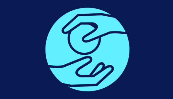 Graphic of a light blue circle on dark blue background, showing one hand dropping a coin into another hand.