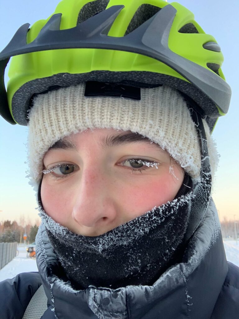 Image of Jessica Potts with frost forming on her eyelashes