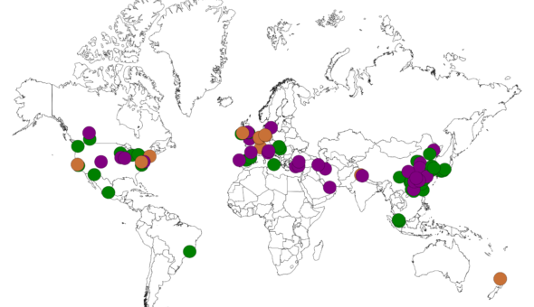 World map with the dots showing the locations of people doing ankle research.