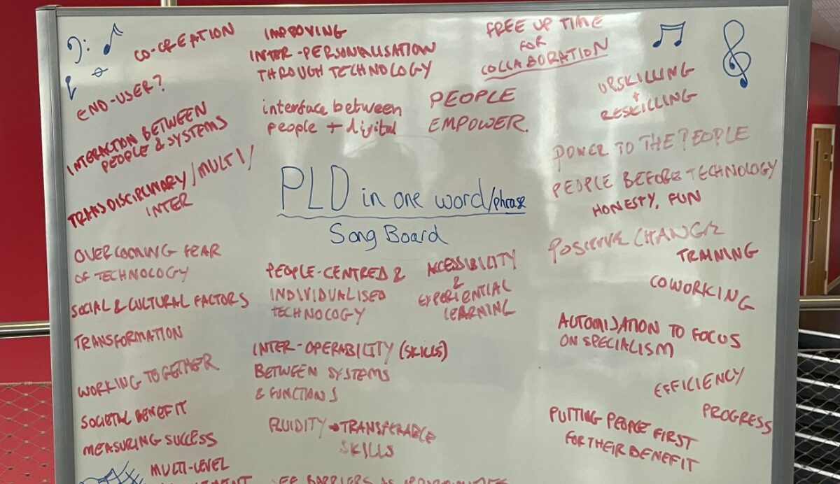 A large whiteboard with ideas for lyrics written on it in a red pen