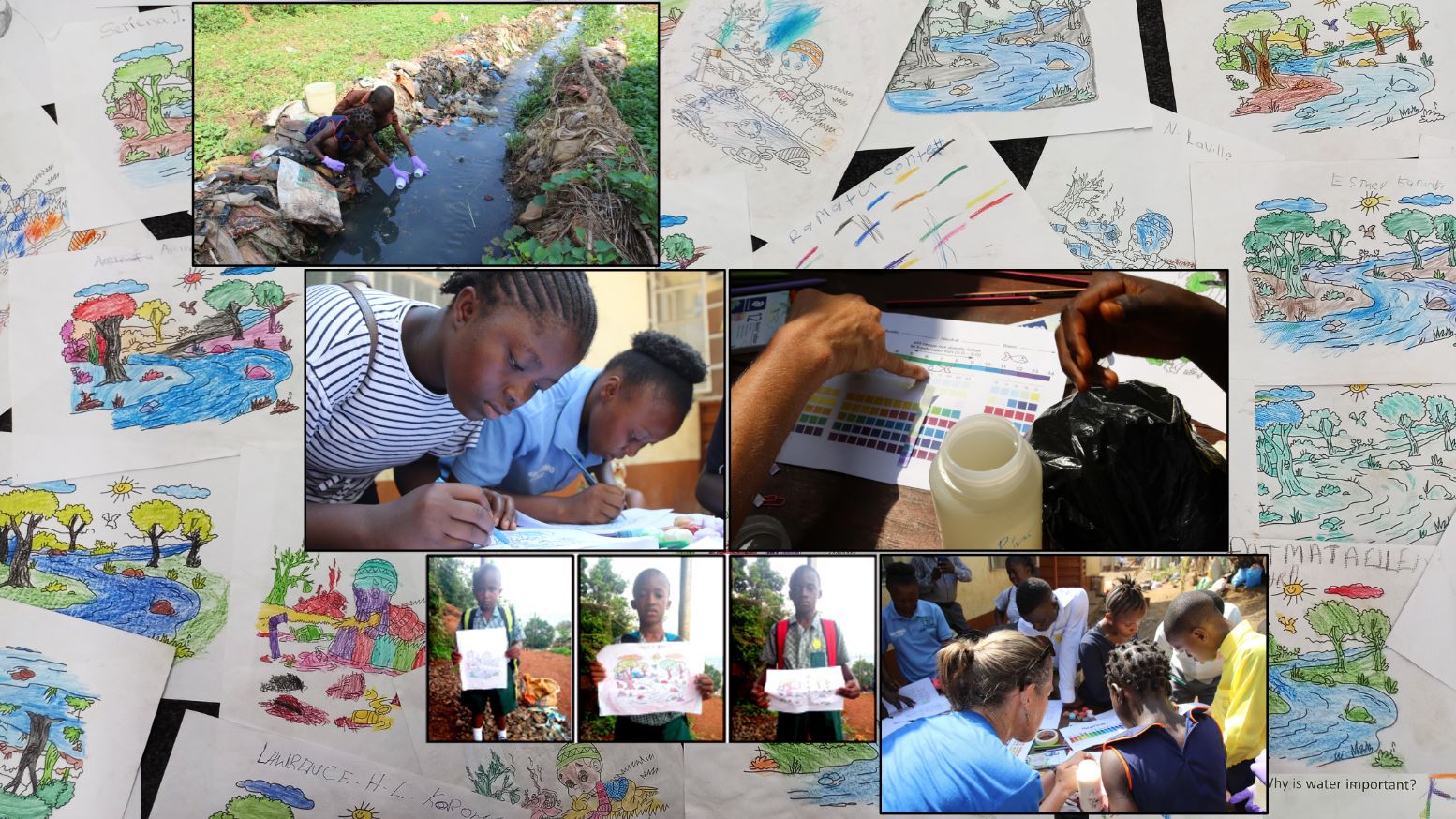 Seven photos surrounded by a collage of artwork. Three of the pictures show children doing water experiments; one picture shows the children making artwork; three of the pictures show children holding their artwork. The children's artwork collage surrounding these pictures features colourful drawings of trees, rivers and children.