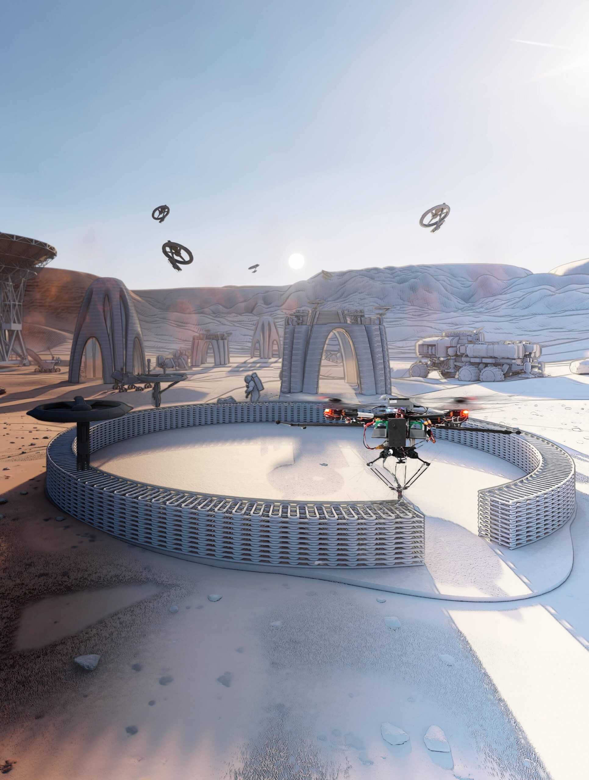 The conceptual representation of Aerial Additive Manufacturing in extra-terrestrial and extreme polar missions.