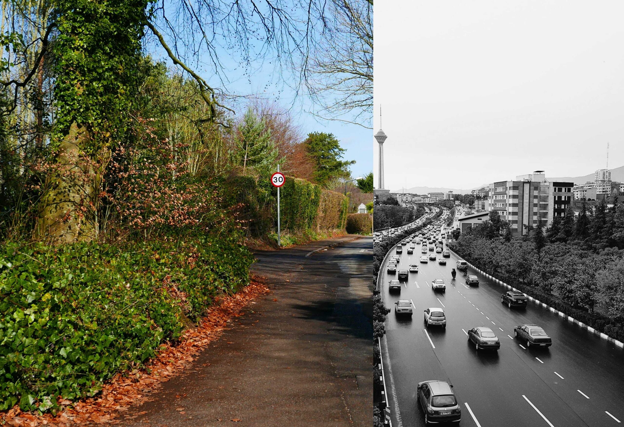 The picture is split in half. The left side is coloured (representing the present/future) and has a street in the countryside with no cars; the right half is in black and white (representing the past) with a motorway full of cars.