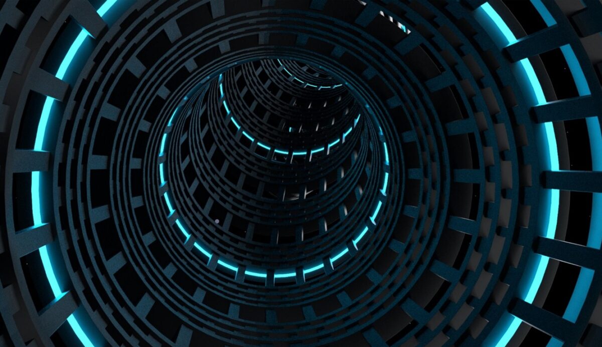 Blue circular lights leading off into a tunnel on a black background