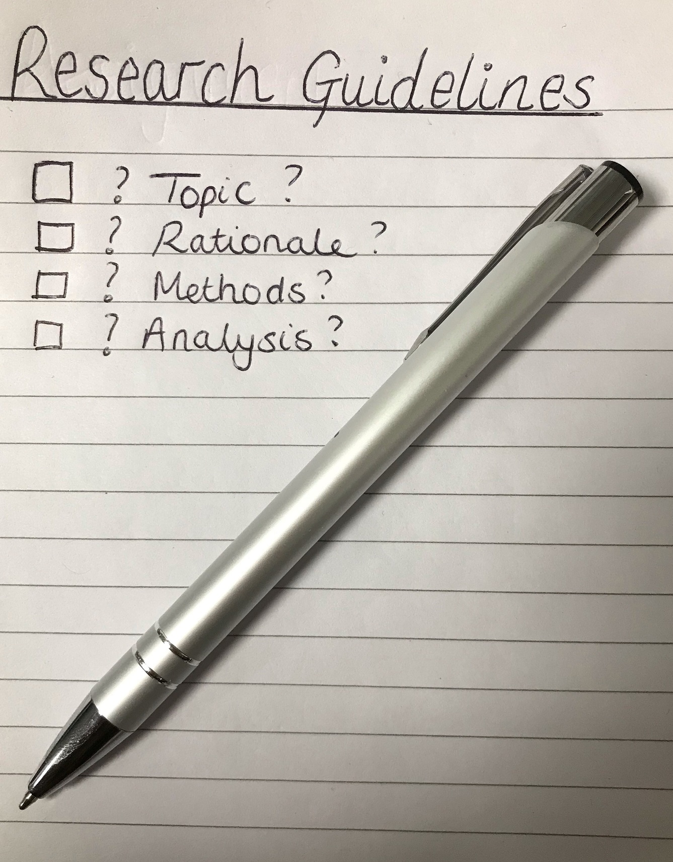A written check list with empty boxes next to question marks.
