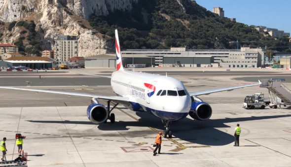 A British Airways A320 parked on the stand at Gibraltar Airport