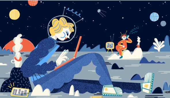 Illustration of an astronaut woman sat down and working on a laptop