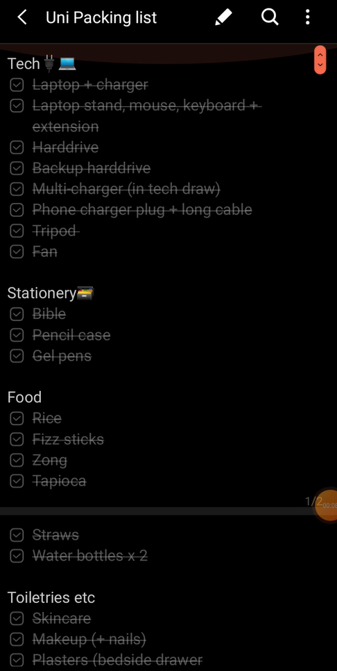 Uni packing list with tickboxes
